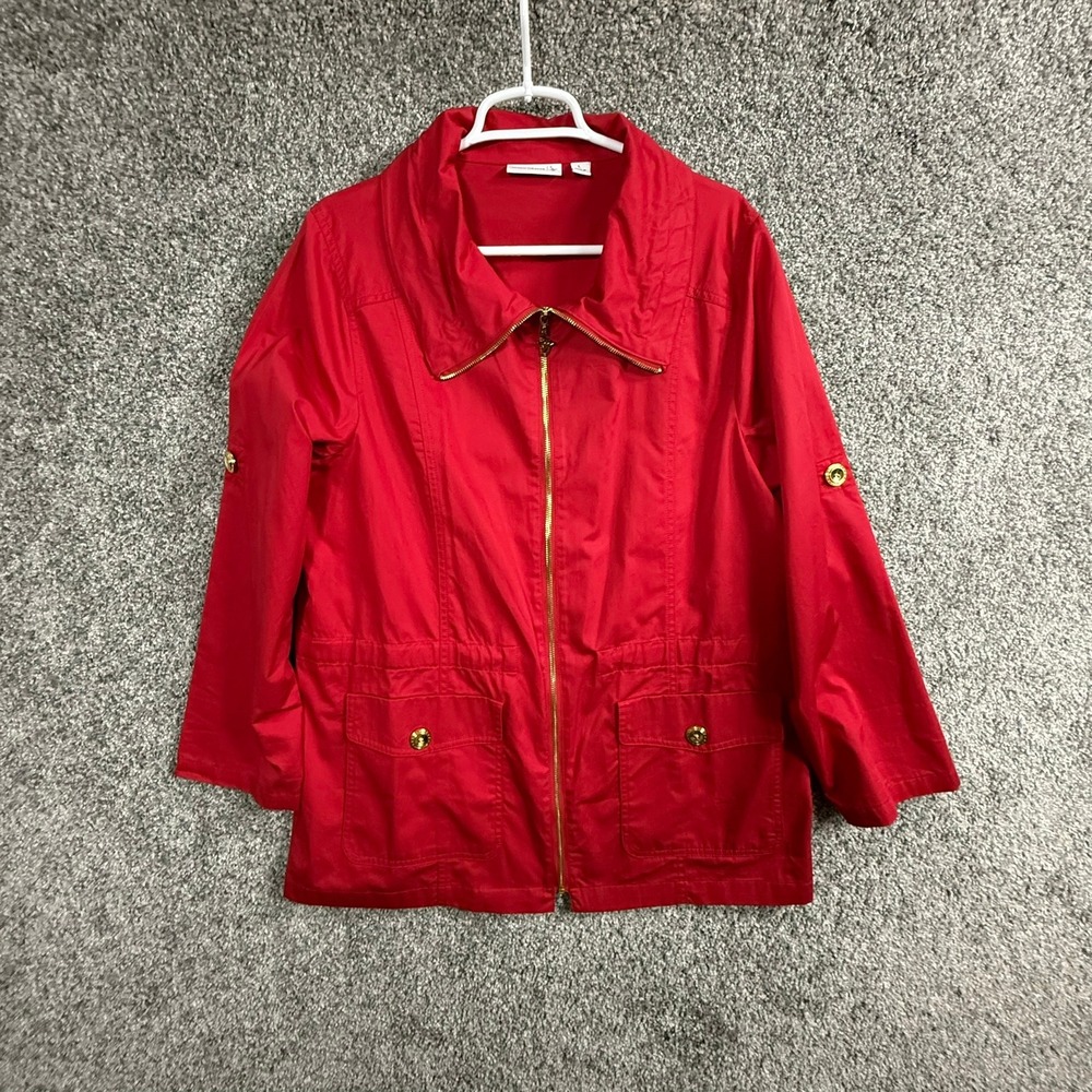Susan Graver Red Cotton Zip Front Utility Jacket Gold Hardware Large